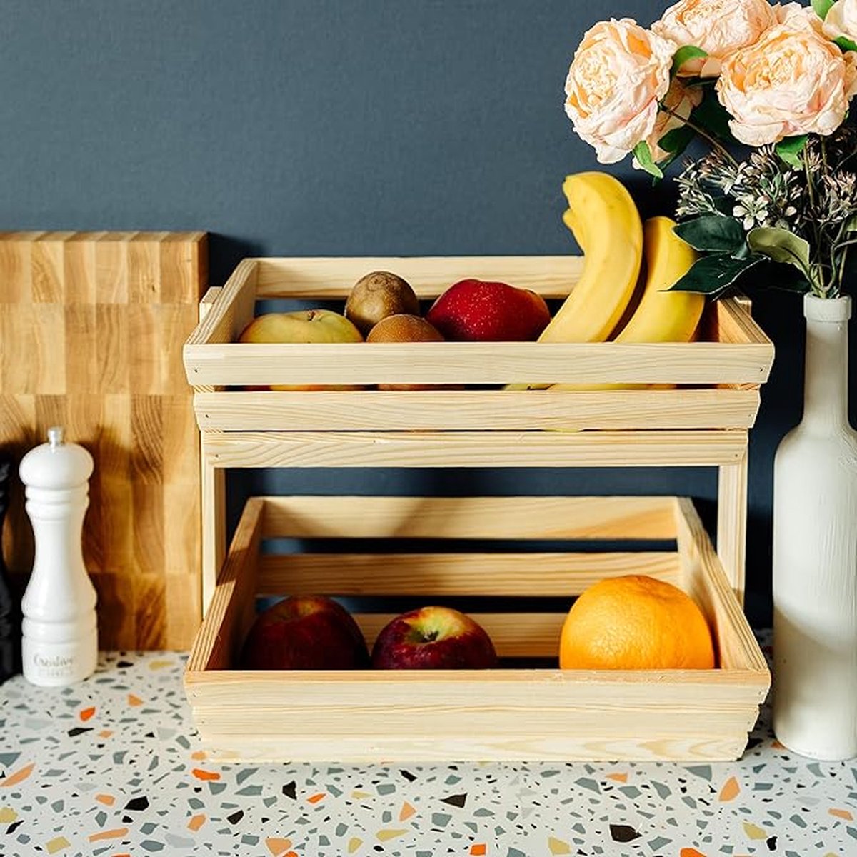 Creative Home Tweelaagse Fruitmand Dienblad | Geolied Hout 36 x 28 x 30 cm | Fruit Groenten Snacks | Keuken Eetkamer