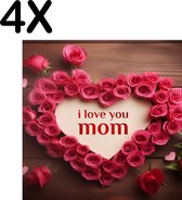BWK Textiele Placemat - Rozen Hart met I Love Mom - Set van 4 Placemats - 50x50 cm - Polyester Stof - Afneembaar