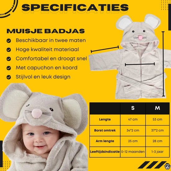Baby / Peuter Badjas Lief Muisje | 0-12 maanden (0-1 jaar) | ochtendjas | katoen | snel drogend | met capuchon | kraamcadeau | dierenbadjas | sinterklaas | mouse muis | dier | meisjes en jongens | grijs — afbeelding 2