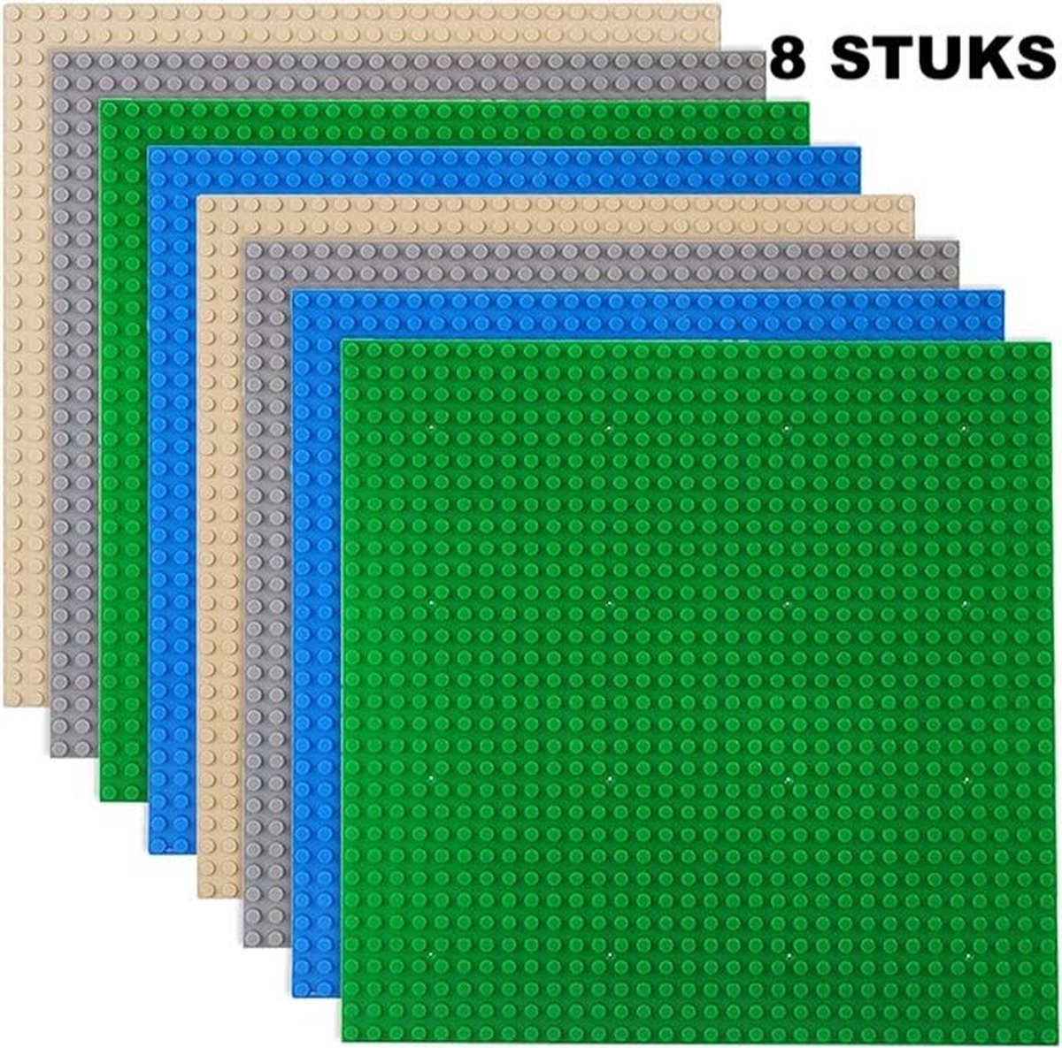 Complete Set Bouwplaten 32x32 noppen - geschikt voor LEGO - 8 Stuks – Bouwplaat/Grondplaat - Voor Classic Bouwstenen - Groen, Blauw, Grijs, Zand