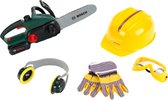 Klein Toys Bosch II set met kettingzaag - werkhandschoenen, werkbril, oorbeschermers, helm - incl. licht- en geluidseffecten - groen geel