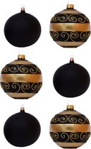 Zwarte Kerstballen met Gouden Strepen en Kruldecoratie en effen mat zwart - Doosje met 6 glazen kerstballen