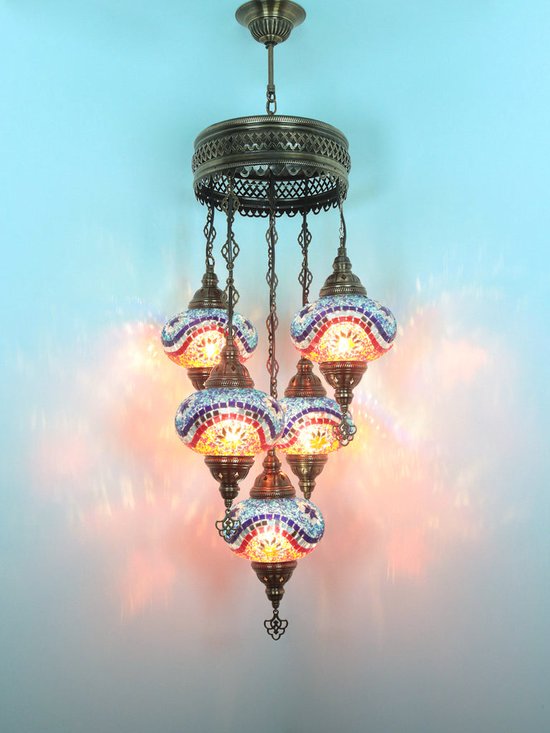 Lampe suspendue turque à 5 ampoules, lustre oriental en verre mosaïque bleu multicolore