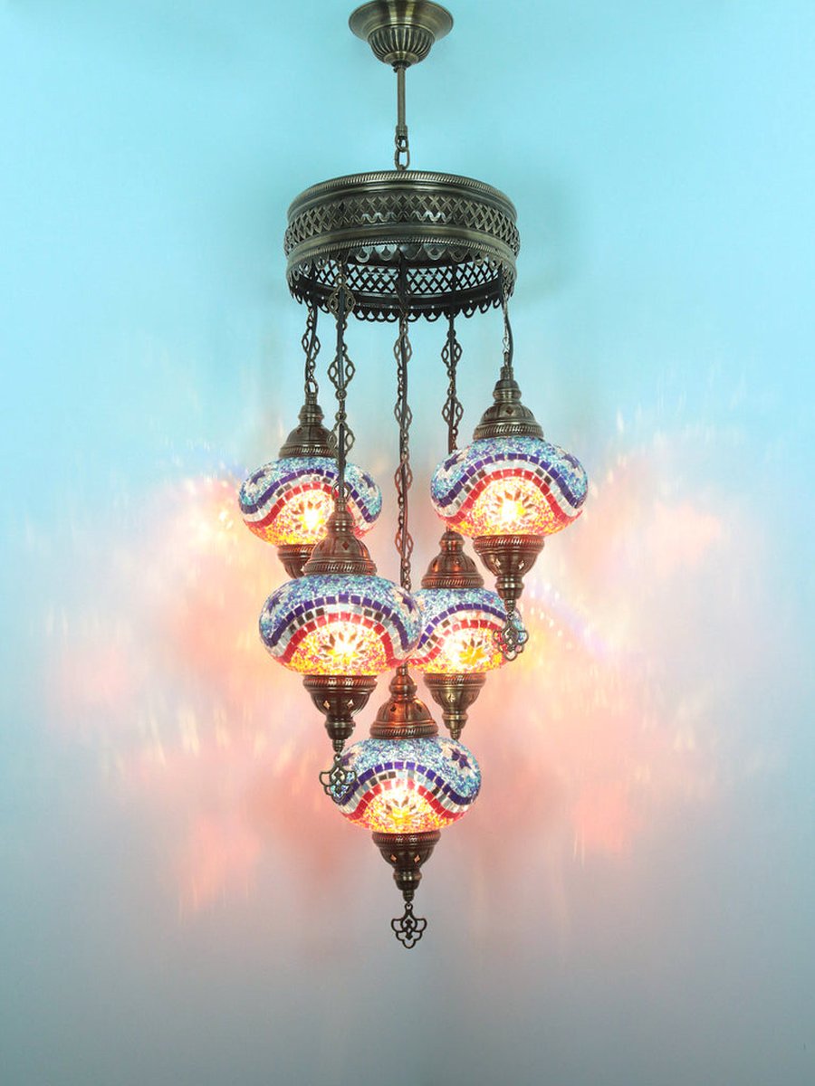 5 globe bollen Turkse hanglamp Oosterse kroonluchter blauw multicolor mozaïek glas