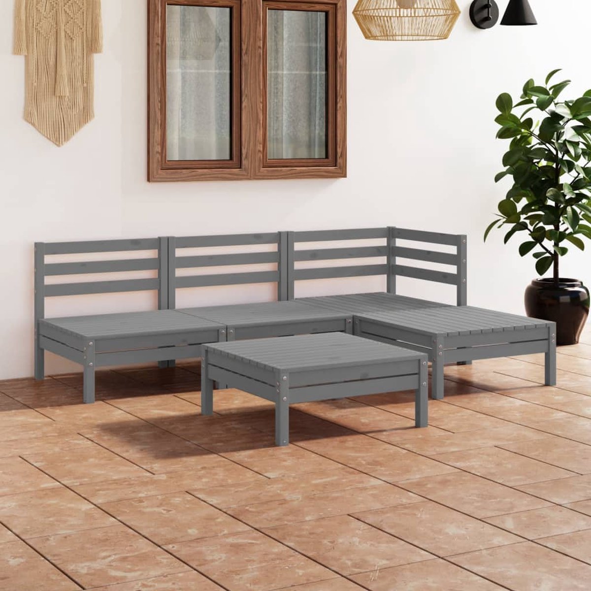 The Living Store 5-delige Loungeset massief grenenhout grijs - Tuinmeubles - Lounge Set - Hout - Grenenhout - Grijs