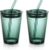 Tasse à boire verte de 450 ml avec couvercle et paille - Set de 2 tasses à smoothie en Verres avec paille - Tasse à café avec paille pour jus, Café, Water, Thee