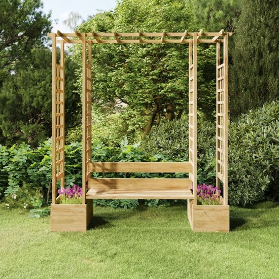 Foto: The living store massief grenenhouten pergola tuinboog met bank en plantenbakken 230x60x198 cm groen ge mpregneerd