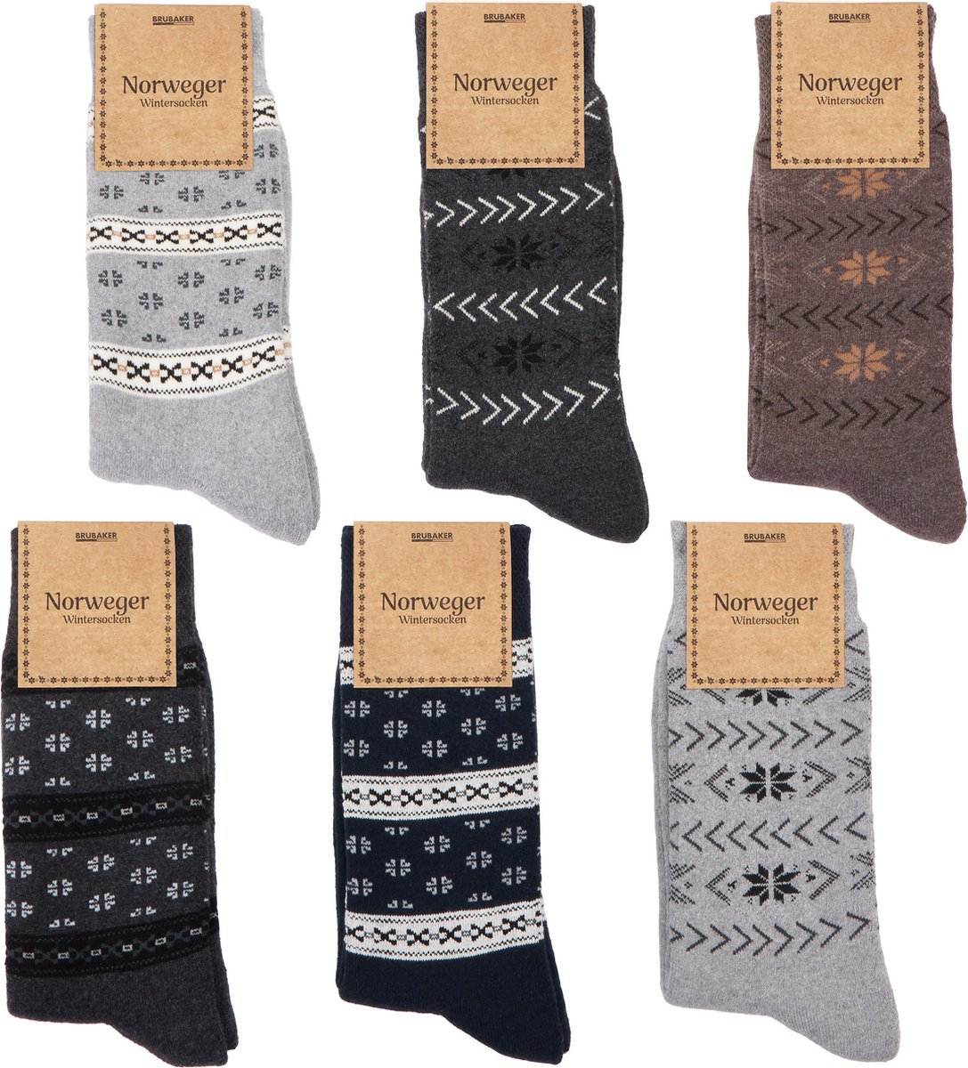 BRUBAKER 6 Paar Noorse Wintersokken - Unisex Thermosokken voor Mannen en Vrouwen - Noorse Sokken Extra Warm en Zacht - Sokken met Binnenste Badstof - Maat 43-46 - Kleurenmix Grijs, Blauw, Bruin en Antraciet - Kerst cadeau