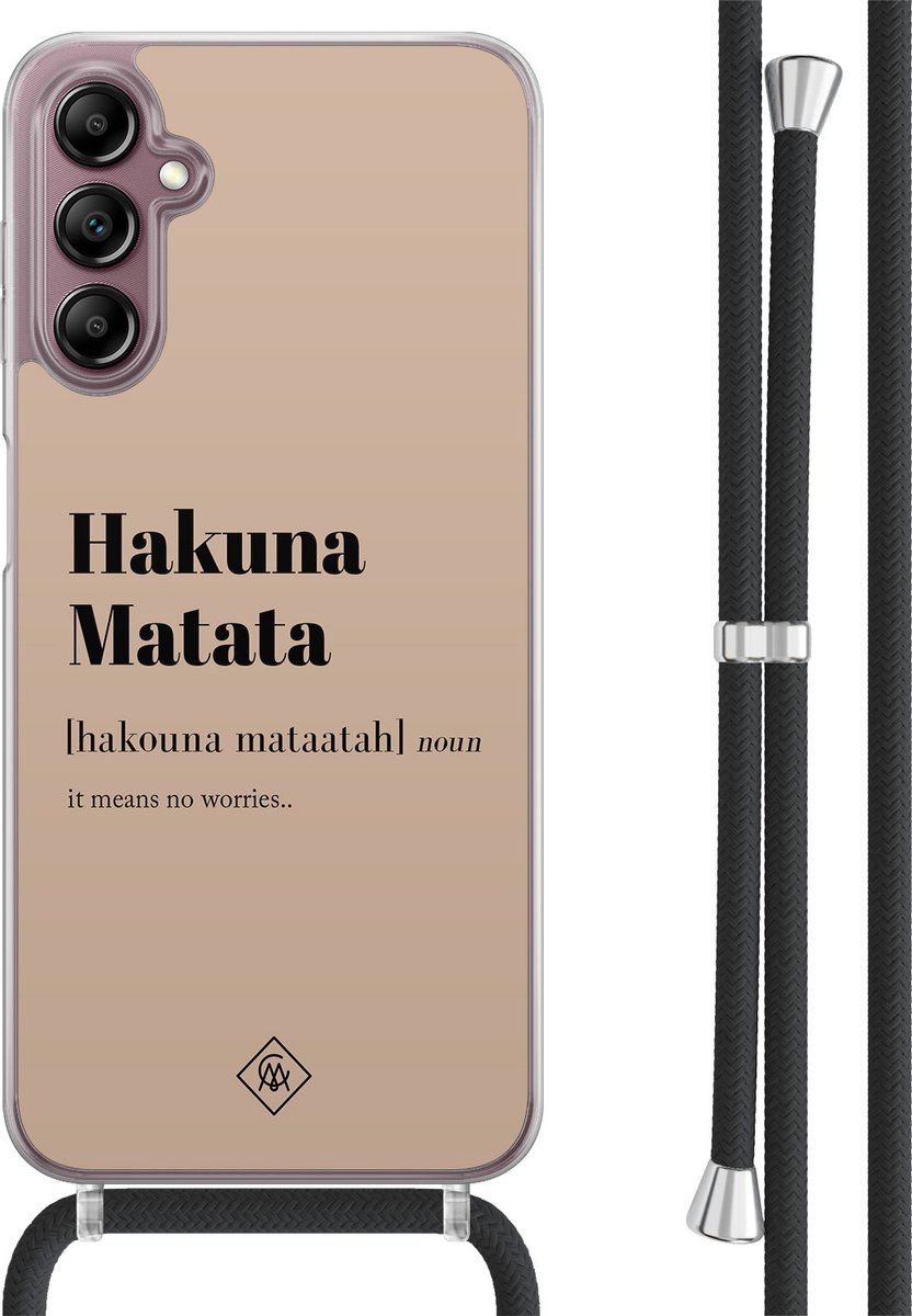 Casimoda® hoesje met koord - Geschikt voor Samsung A14 - Hakuna Matata - Afneembaar koord - TPU/acryl - Bruin/beige