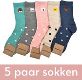 Meisjes Sokken set met dieren - 5 paar - maat 35-38 - Stippen en schattige dierengezichtjes