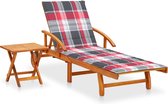 The Living Store Ligbed Acaciahout - Verstelbare rugleuning - Inclusief tafel en kussen - Met rood ruitpatroon
