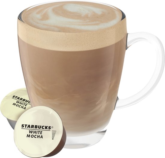 Glaasje Starbucks White Mocha koffie met een melkschuimlaag en twee witte capsules.