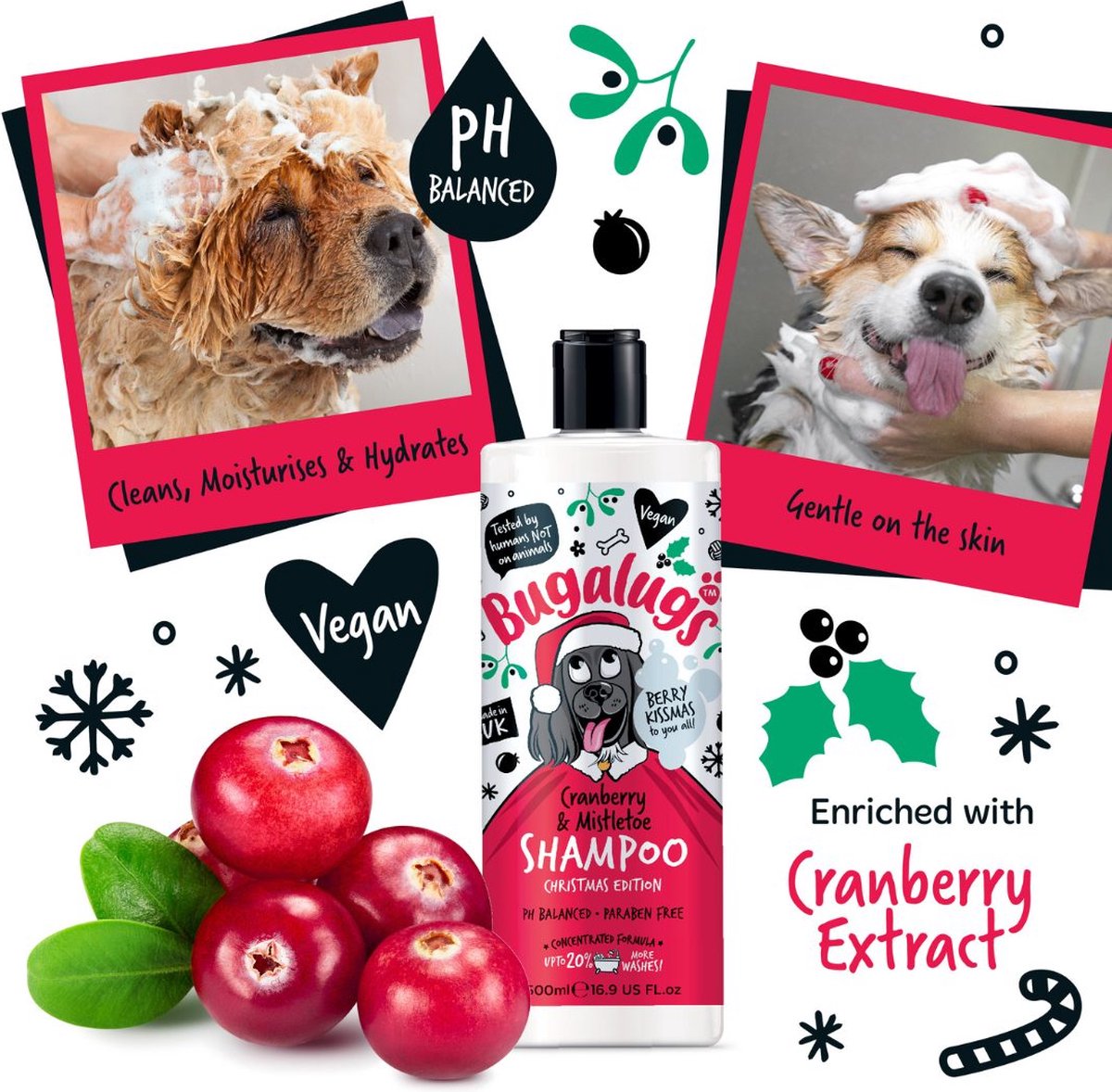 Bugalugs hondenshampoo Kerstmis cranberry& mistletoe 500 ml