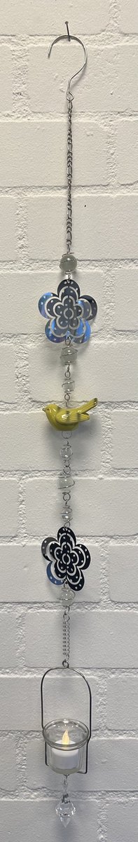 Deco theelichthouder "Bloem" met metalen ketting - Keramieke vogel - Zilveren ketting + gele vogel - lengte 105 cm - exclusief theelicht - Woondecoratie - Theelichthouder - Woonaccessoires