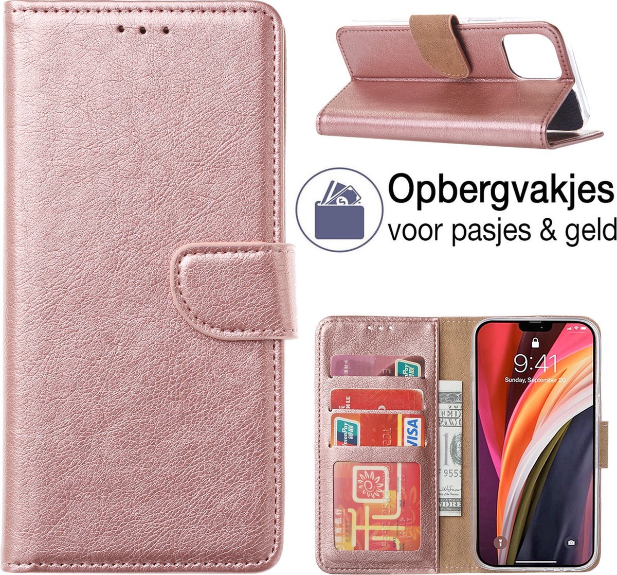 iPhone 15 Plus Book Case - Portemonnee hoesje - PU Lederen bookstyle hoes - iPhone 15 Plus wallet case - Rosé goud - EPICMOBILE