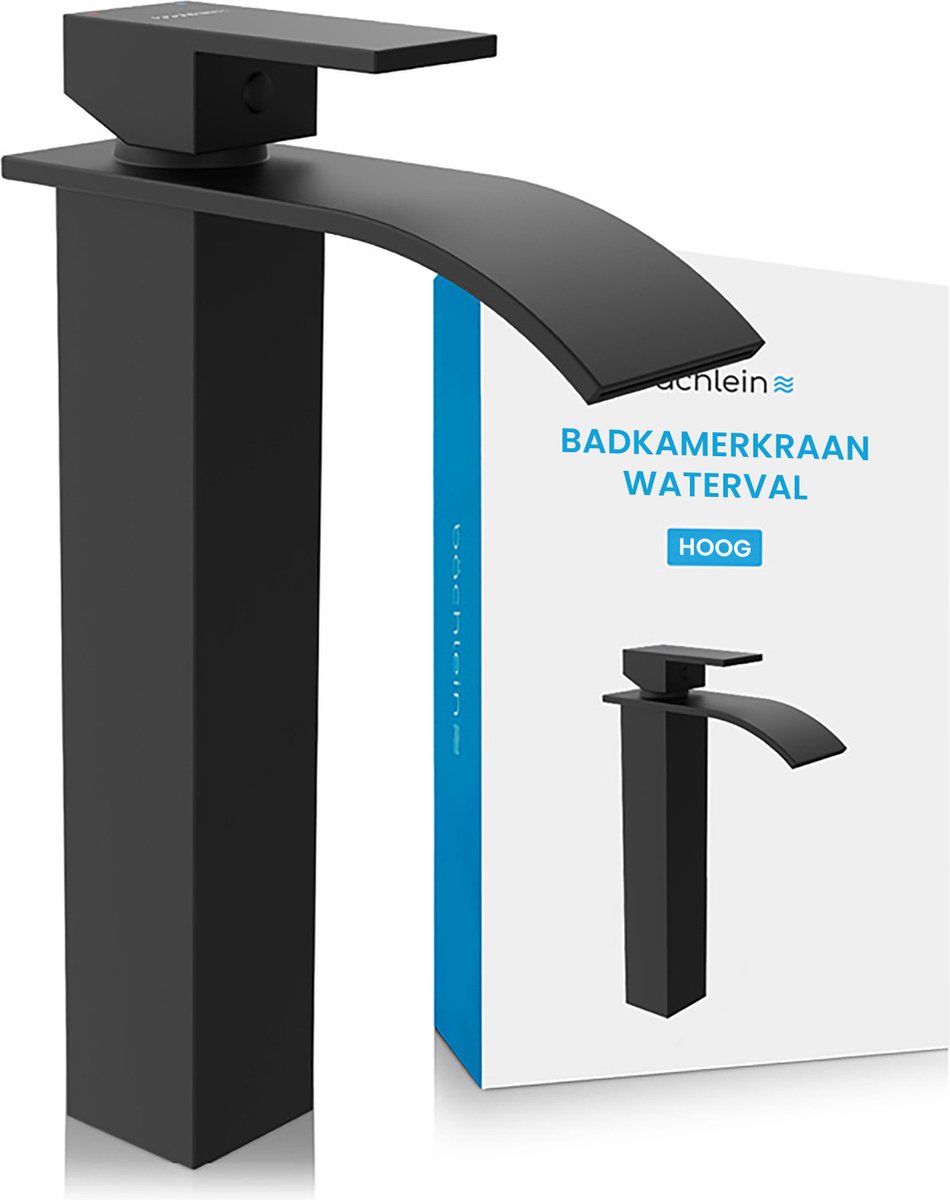 Bächlein Waterkraan hoog voor de badkamer in watervalontwerp, extra hoge éénhendelmengkraan met montageset voor opzetwastafel, matzwarte badkraan