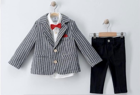 luxe jongens kostuum-kinderpak- kinderkostuum-4 delige set - zwart wit gestreepte blazer, witte hemd, zwarte kostuumbroek ,rode vlinderstrik -bruidsjonkers-bruiloft-feest-verjaardag-fotoshoot-maat 92 (2-3 jaar)