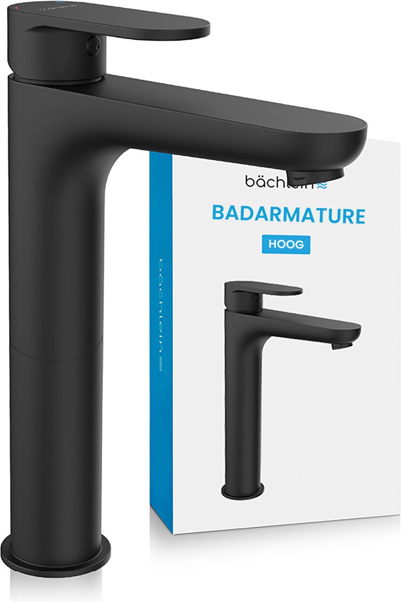 Bächlein Waterkraan hoog voor de badkamer in klassiek design, extra hoge éénhendelmengkraan voor opzetwastafels met montageset, Mat Zwart Badkraan - klassiek hoog
