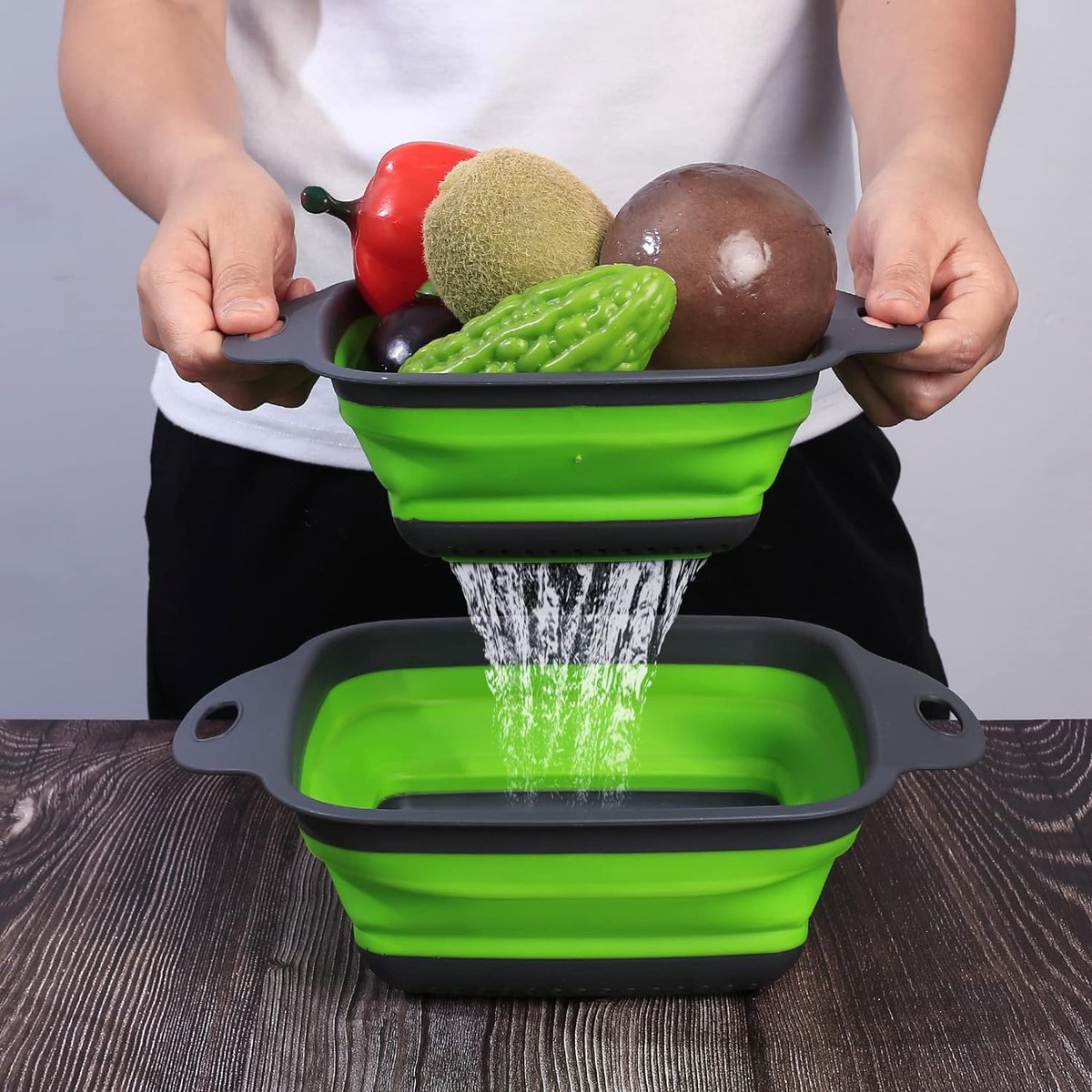 Opvouwbare vergiet, keuken siliconen inklapbare vergiet, pastazeefset, keukenzeef, afwaskom van pasta, fruit, groenten, 2 maten (24,5 29,2 cm) (blauw