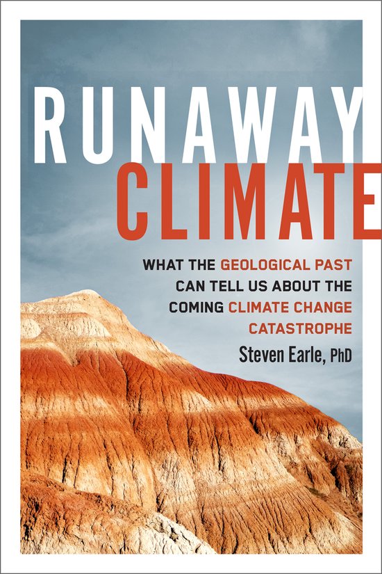 Boek "Runaway Climate" met op de voorgrond oranje-bruine rotsformaties en op de achtergrond de titel in witte en oranje letters.