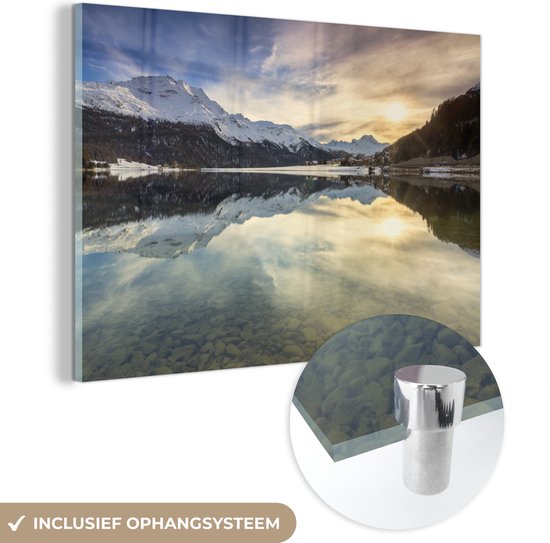 MuchoWow® Glasschilderij 30x20 cm - Schilderij acrylglas - Bergmeer in de winter Zwitserland - Foto op glas - Schilderijen