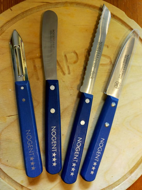Set Nogent keukenmessen: officemes, botermes, broodmesje en dunschiller/schilmes met blauw houten heft