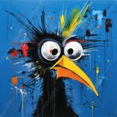 JJ-Art (Canvas) 100x100 | Grappige kraai in abstract geschilderde stijl, kunst, felle kleuren, kleurrijk | dier, vogel, blauw, geel, rood, zwart, vierkant, modern | Foto-Schilderij canvas print (wanddecoratie)
