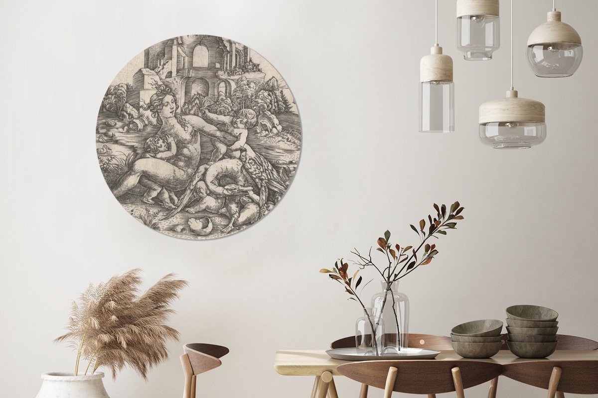 WallCircle® - Behangcirkel 100x100 cm - Muurstickers Leda en de zwaan met haar vier kinderen - Schilderij van Meester IB met de vogel - Muurcirkel woonkamer - Wandcirkel slaapkamer - Kamer decoratie zelfklevend - Muurdecoratie accessoires XXL