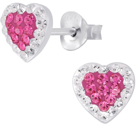 Joy|S - Zilveren hartje oorbellen - 9 x 8 mm - Valentijn Romantica - roze met wit kristal