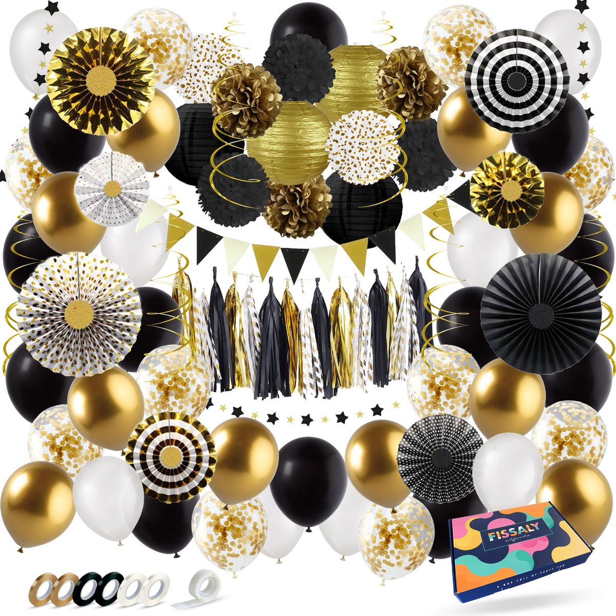 Fissaly 76 Stuks Goud, Zwart & Wit Decoratie Feestpakket met Ballonnen – Versiering - Helium – Papieren Confetti – Latex - Fissaly