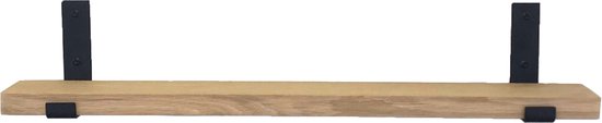 GoudmetHout - Massief eiken wandplank - 200 x 10 cm - Licht Eiken - Inclusief industriële plankdragers L-vorm UP mat zwart - lange boekenplank