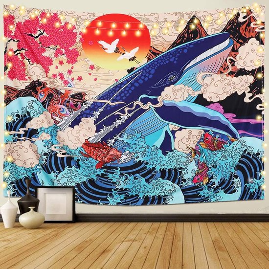 Tapisserie japonaise Ukiyo-e Wave Koi, grande baleine, animal avec coucher de soleil, paysage, serviette murale en tissu à suspendre pour chambre à coucher, salon, Decor Home