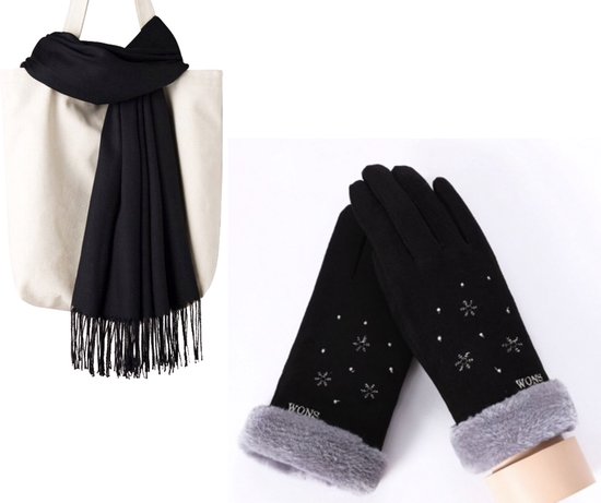 Winterset Zwart - Zwarte Sjaal 200*70cm + Zwarte Handschoenen Maat M