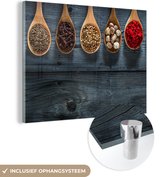 MuchoWow® Glasschilderij 40x30 cm - Schilderij acrylglas - Kruiden - Lepels - Hout - Keuken - Specerijen - Industrieel - Foto op glas - Schilderijen