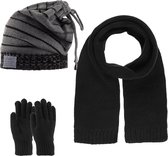 Kitti 3-Delig Winter Set | Muts (Beanie) met Fleecevoering - Sjaal - Handschoenen | 9-15 Jaar Jongens | K23180-10-01 | Black