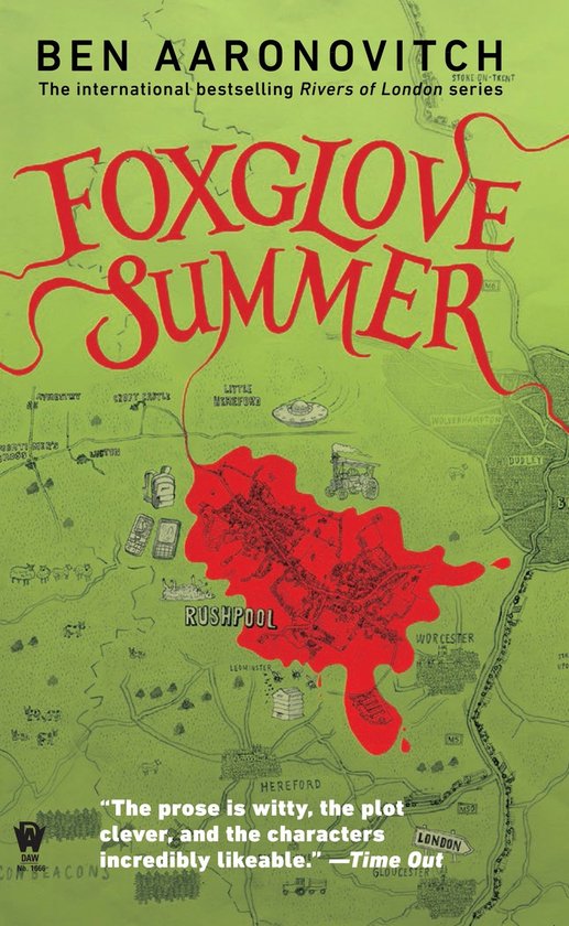 Boekcover van Foxglove Summer van Ben Aaronovitch. Groene kaart met rode bloedvlek bij Rushpool. Met tekst.