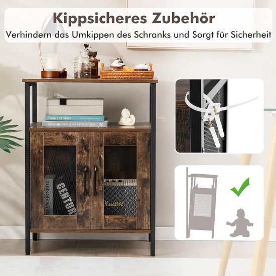 Hoekbarkast met Glazen Houders Industriële Wijnkast met Metalen Gaasdeuren en Verstelbare Plank Buffetkast met Anti-Kantelset Bruin - Costway Hoekbarkast met Glazen Houders Industriële Wijnkast met Metalen Gaasdeuren en Verstelbare Plank Buffetkast met Anti-Kantelset Bruin - Costway