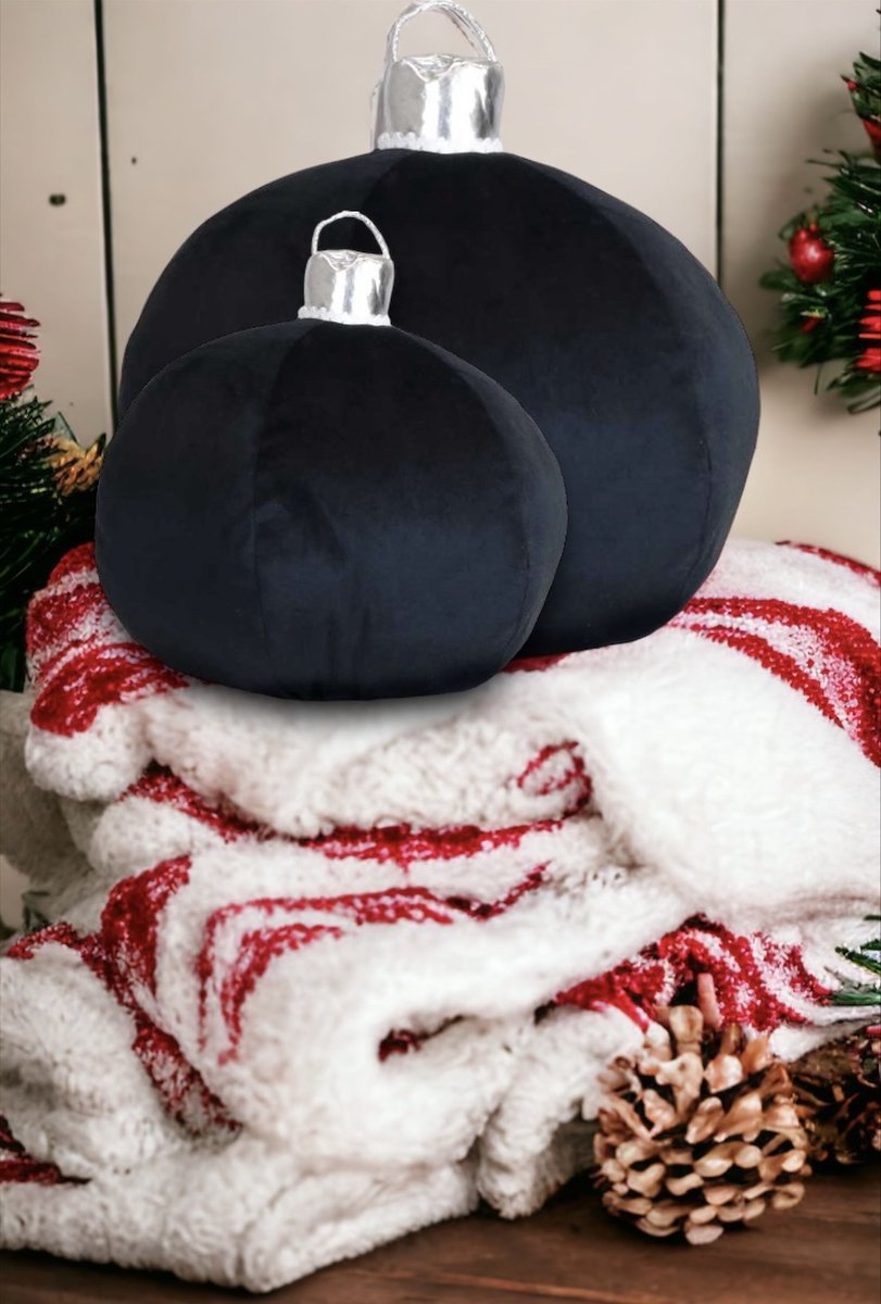 Unique Living Kerst Decoratie - Sierkussen - Kerstbal - Kerstkussen - Zwart - 2 Stuks