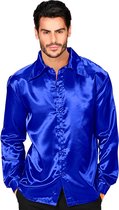 70's Disco Shirt Satijn Blauw - Heren | S
