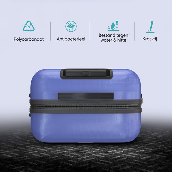 Blauwe Voyageux reiskoffer van de voorkant, met iconen voor polycarbonaat, antibacterieel, water- en hittebestendig, en krasvrij.