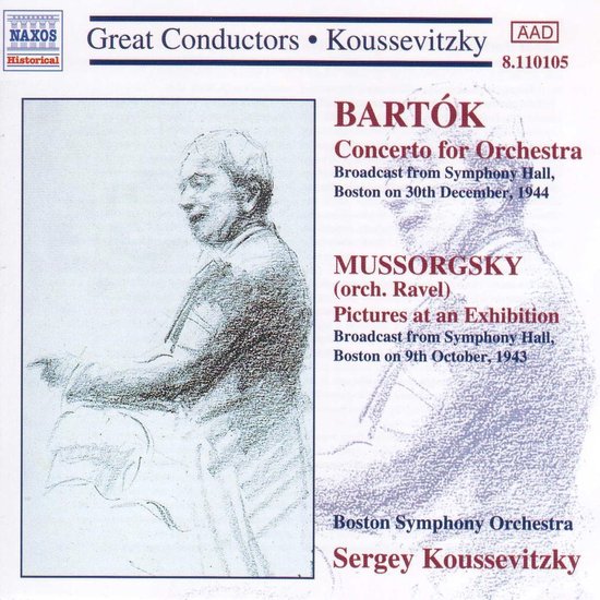 Albumhoes met schets van Serge Koussevitzky, dirigerend. Titel: Bartók Concerto for Orchestra, Mussorgsky Pictures an Exhibition.
