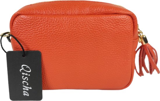 Qischa® - leder - Crossbody handtas - vak met rits - instelbare riem - donker oranje