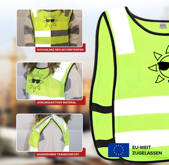 Lichtgevend geel veiligheidsvest met reflecterende strepen en een zon met zonnebril print. EU-goedgekeurd.