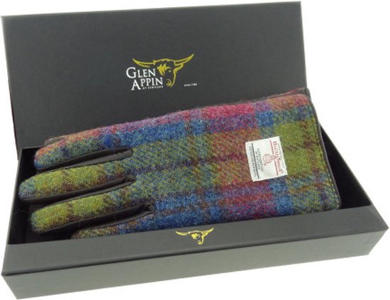 Dames Handschoenen Multi Colour met Zwart Leer - Harris Tweed - Glen Appin of Scotland