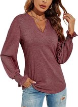 ASTRADAVI Casual Wear - Dames V-Hals Blouse - Stijlvolle Top met Geplooide Mouwen - Heather Wijnrood / Large