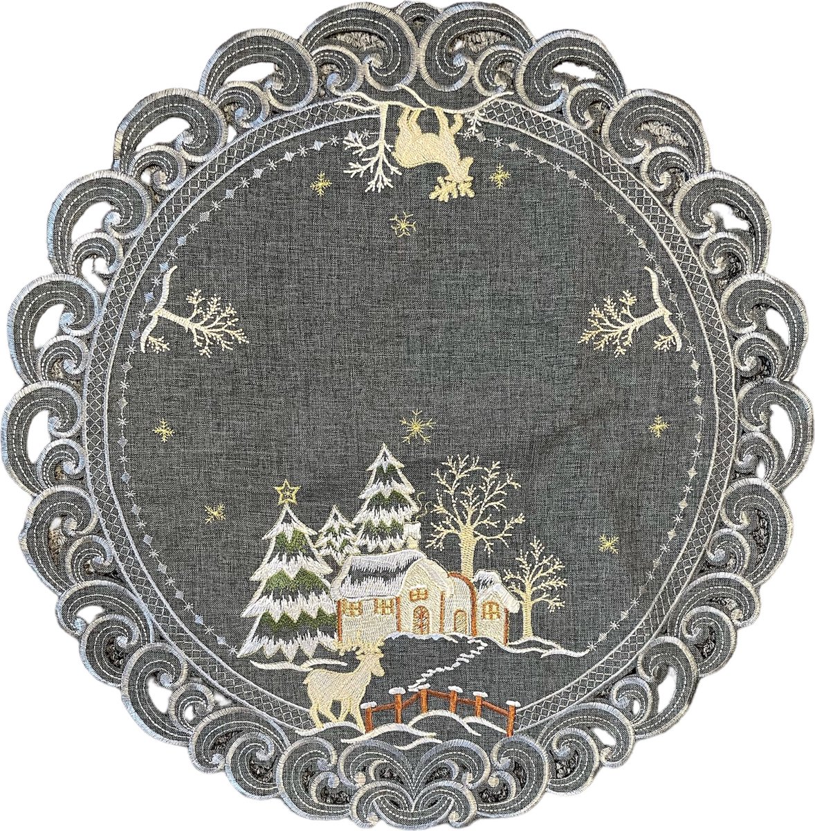 Tafelkleed- Linnenlook - Kerst - Grijs met hert - Rendier - Rond 60 cm