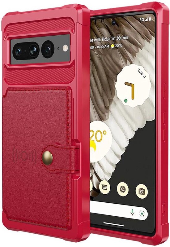 Étui portefeuille adapté pour Google Pixel 7 Pro - Coque arrière avec porte-carte - Étui de téléphone pour carte de débit - Porte-carte à l'arrière - Étui avec aimant pour support de voiture Rouge
