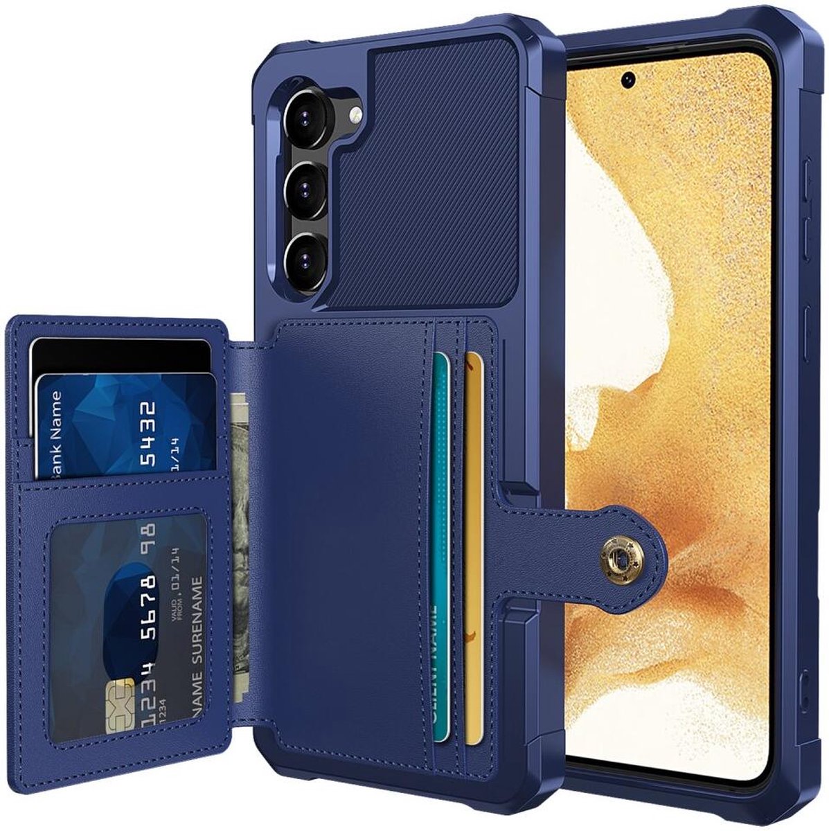 Portemonnee Hoesje Geschikt voor Samsung Galaxy S23 Plus - Back Cover met Pasjeshouder - Telefoonhoesje voor Pinpas - Kaarthouder op Achterkant - Case met Magneet voor Auto Houder Donkerblauw