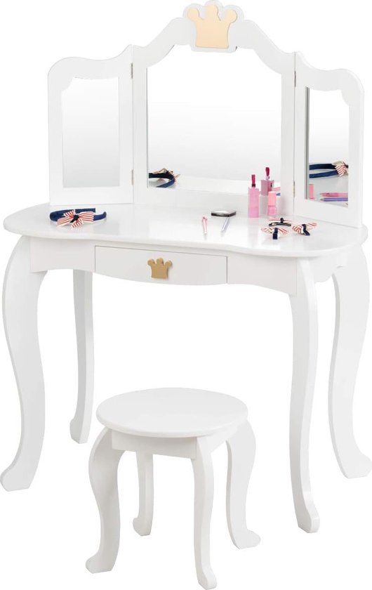 Coiffeuse enfant avec tabouret et miroir amovible, coiffeuse fille en bois, table enfant avec tiroir, table miroir 80 x 42 x 105 cm (blanc)