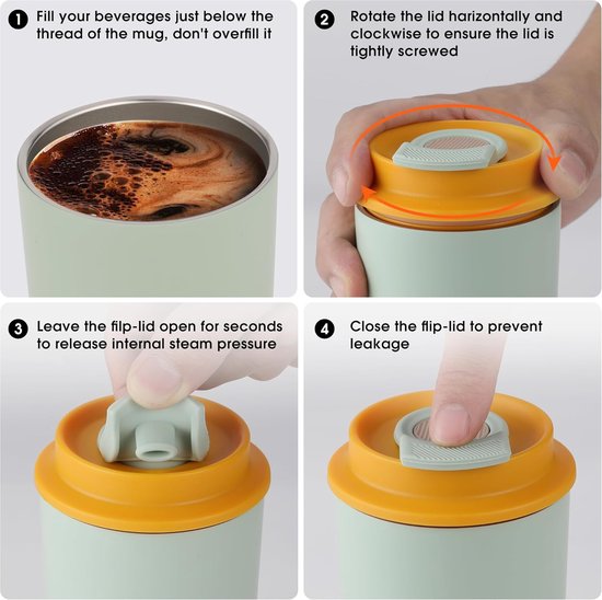 Koffiemok to go thermo 360 ml, thermobeker koffie to go, koffiebeker van roestvrij staal dubbelwandig geïsoleerd, lekvrij, coffee-to-go beker warm voor koffie en thee (geel) — afbeelding 5